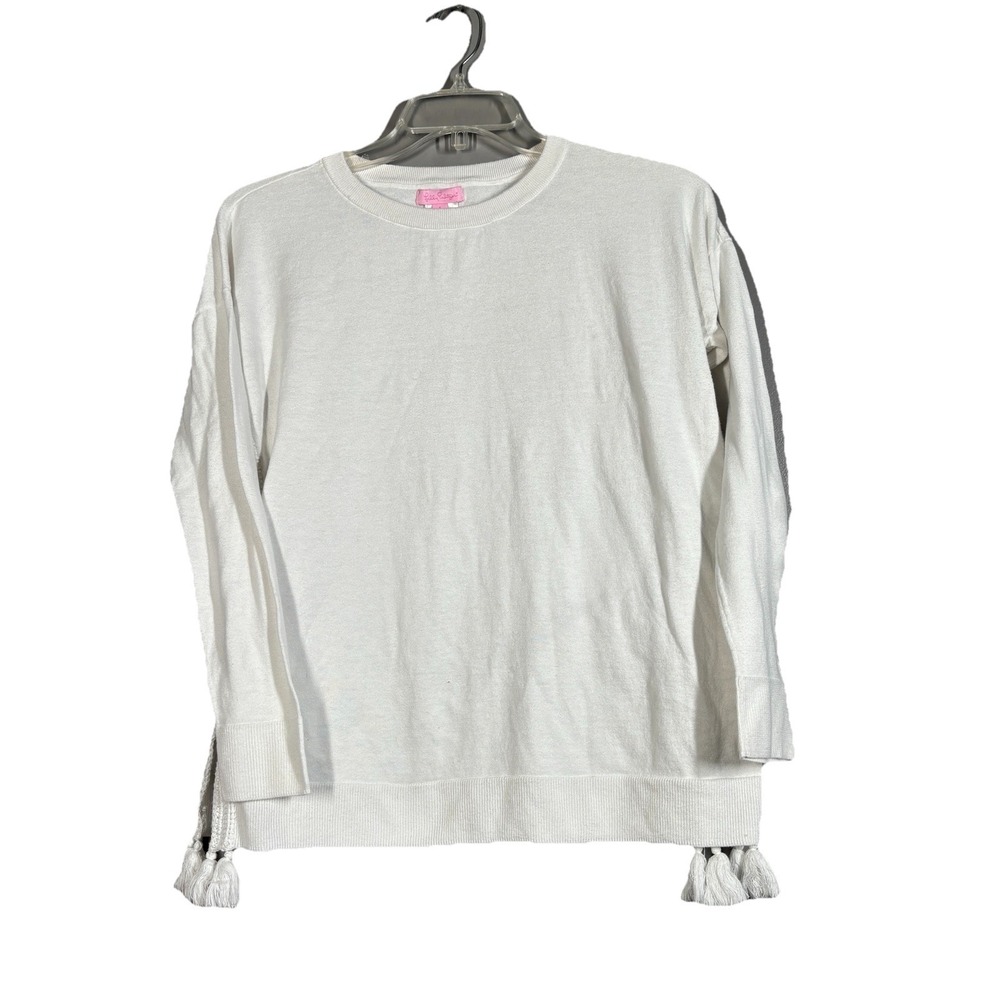Lilly Pulitzer Sweater Womens Large White Crewneck Tassles Embroidered Sides